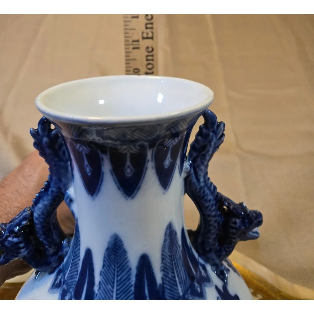 Vintage Chinese Blue White Porcelain Dragon Phoenix Vase Dragon Handles 10